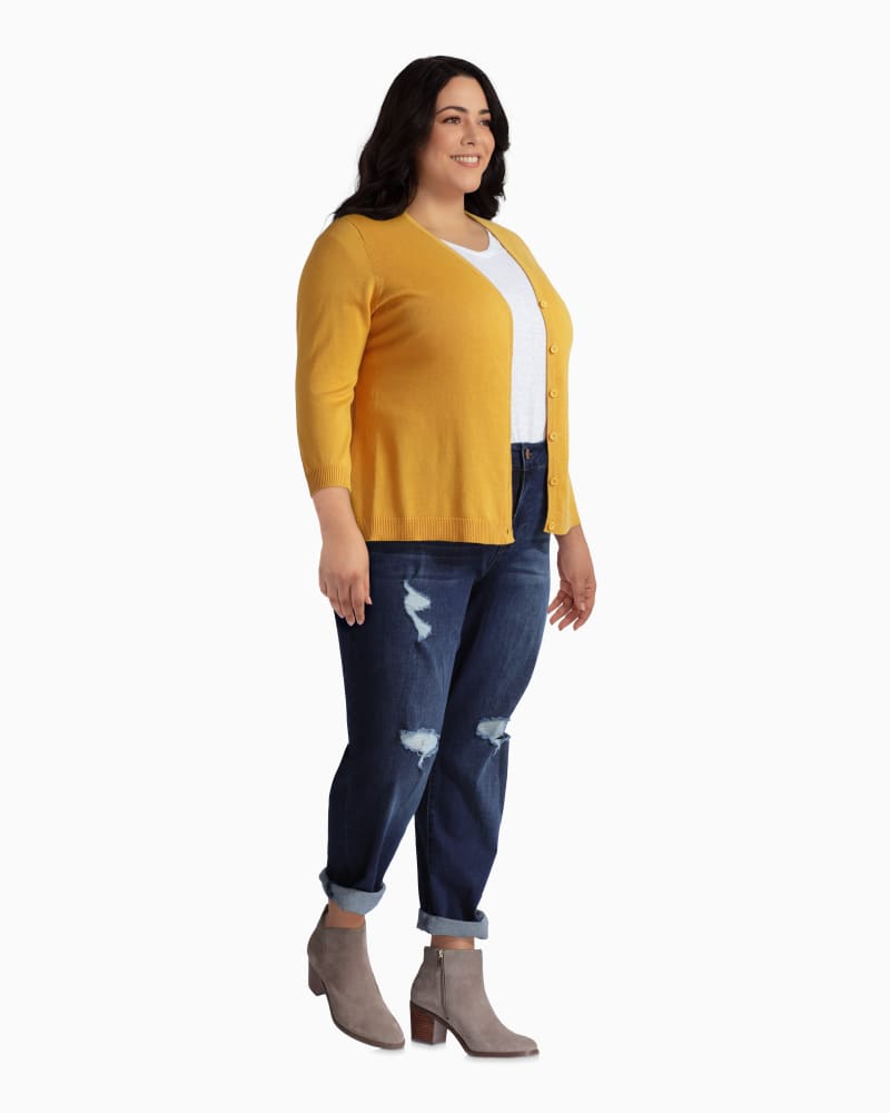 Plus size model with rectangle body shape wearing Merritt Essential V-Neck Cardigan by Molly&Isadora | Dia&Co | dia_product_style_image_id:112399